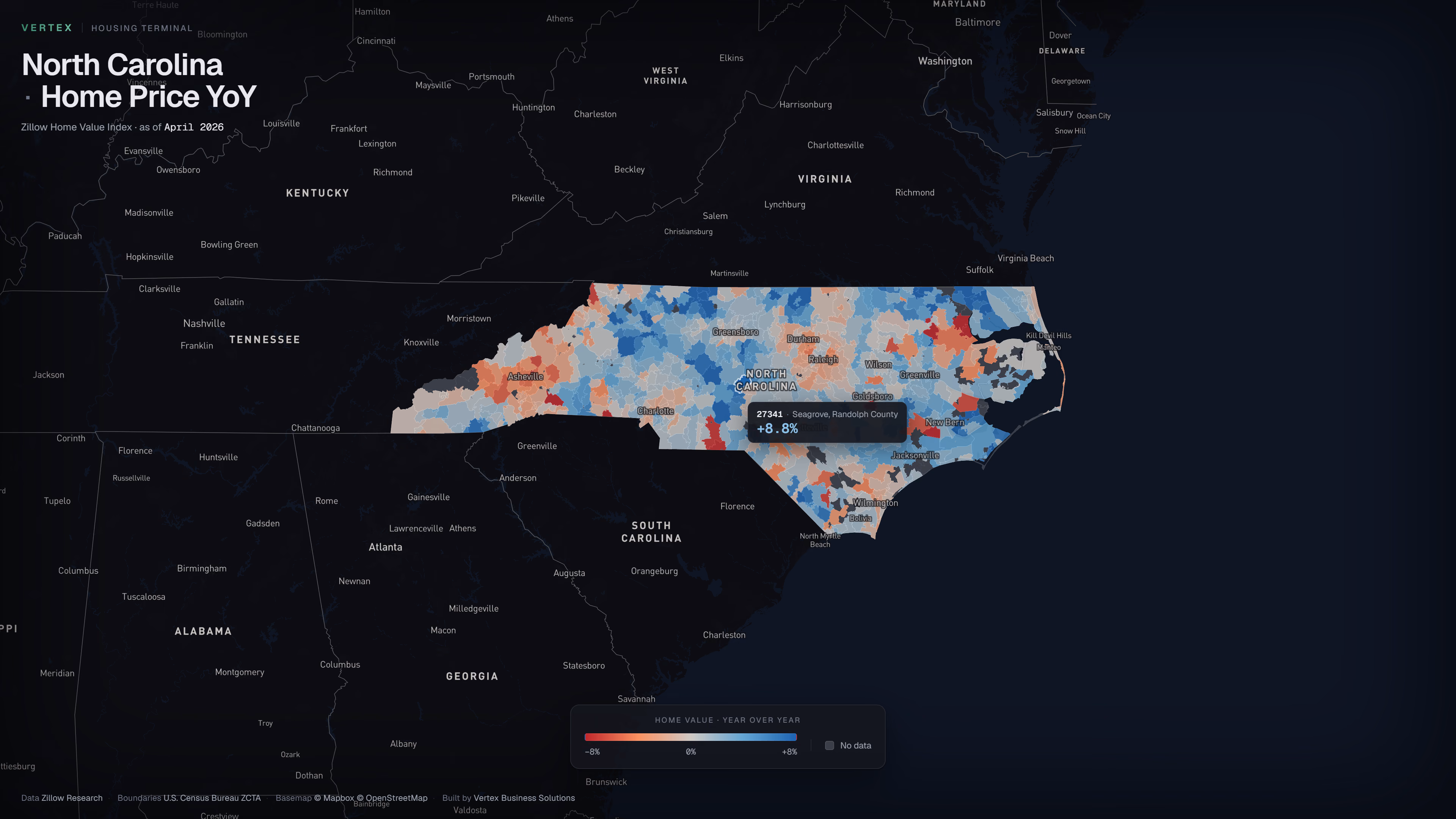 The NC Housing Terminal choropleth map zoomed into North Carolina with a ZIP-code tooltip visible.